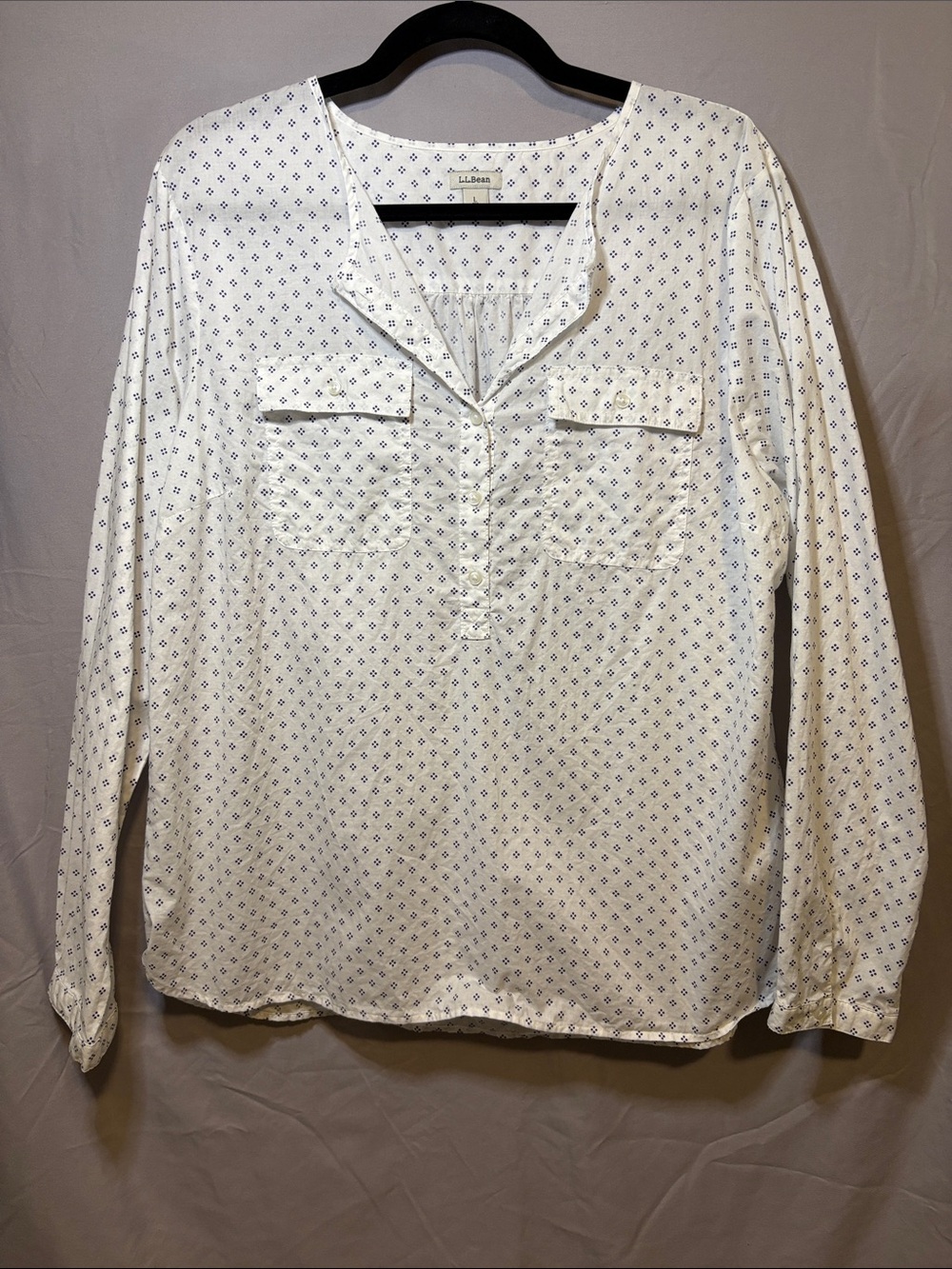 L.L. Bean White Henley Blouse with Blue Microdot Print